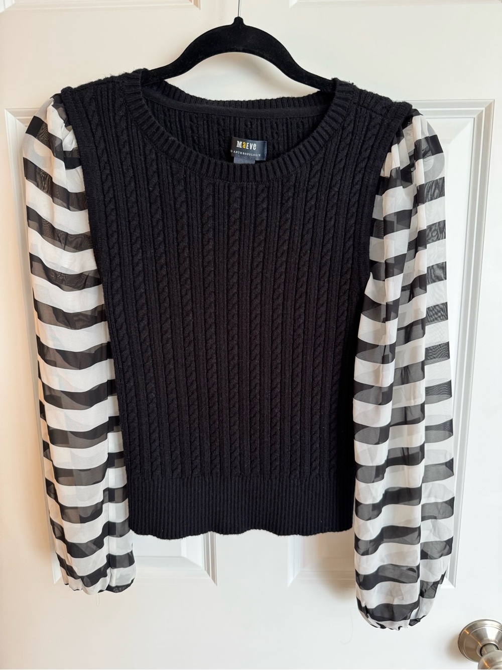 Maeve Black Cable Knit Sweater with Sheer Striped Sleeves
